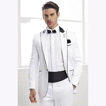 

Handsome White Groom men suit Tuxedos vestido de festa Groomsman Mens Wedding Prom Suits Custom Made (Jacket+Pants+Tie+Kerchief)