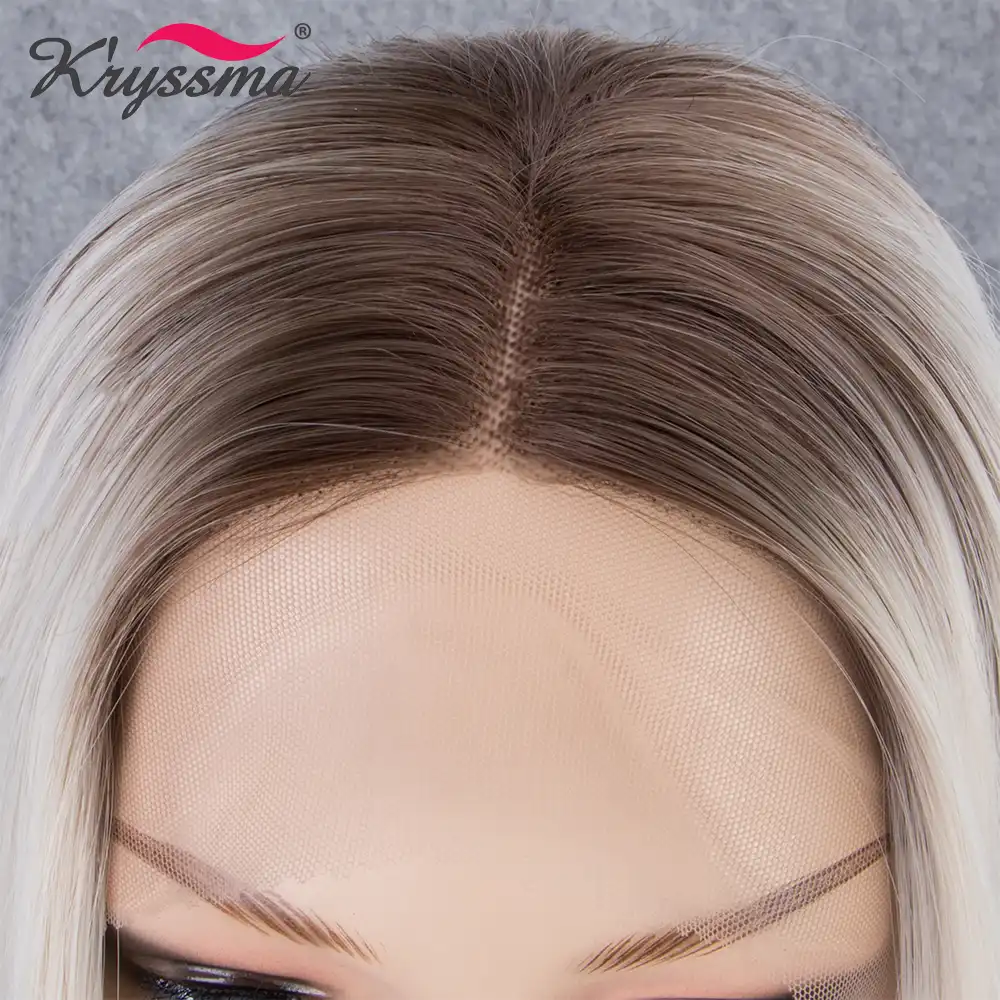 Platinum Wig Synthetic Lace Front Wig Blonde Hair Brown Roots
