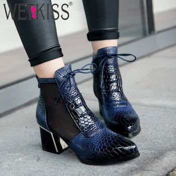 

WETKISS Mesh Boots Emboss Ankle Women High Heels Booties Lace Up Snake Skin Shoes Pointed Toe Zip Shoes Female Summer 2020