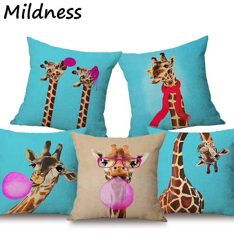 

Giraffe Cat Elk Animal Printed Cotton Linen Pillow Case Decorative Office Home Throw Pillow Cover Almofada Cojines Kussenhoes