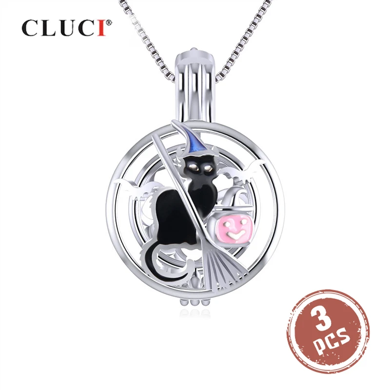 

CLUCI, 3 шт, серебро 925 пробы, кулон на Хэллоуин, черная ведьма, кошка, круглая форма, подвеска, женское серебро 925 пробы, ювелирное изделие SC314SB