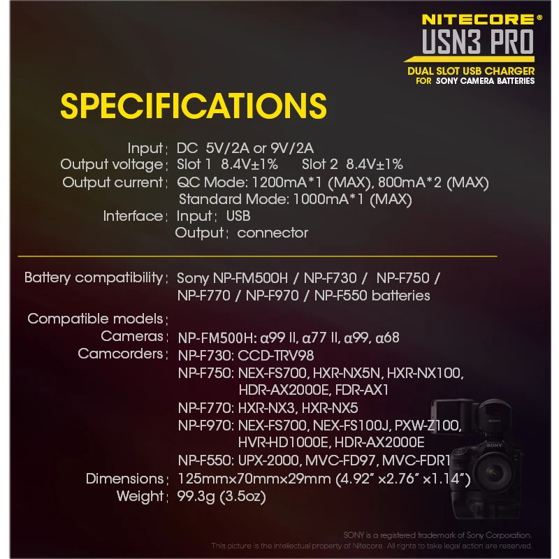 Nitecore USN3 Pro Двойной слот USB QC Зарядное устройство для sony NP-FM500H NP-F550 NP-F970 NP-F770 NP-F730 NP-F750 F550 F970 Камера Батарея