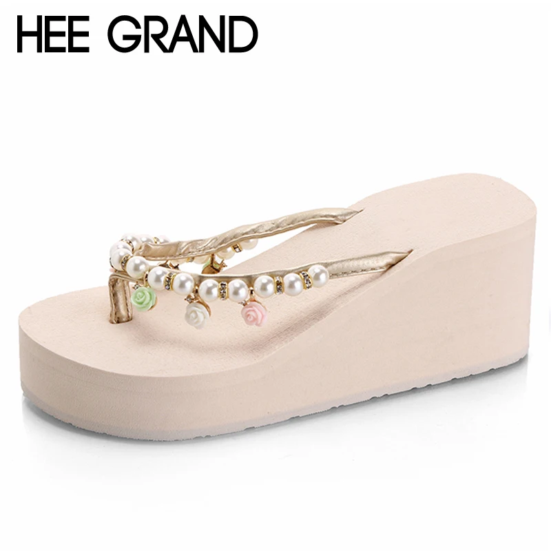 

HEE GRAN Summer Flip Flop Floral Platform Wedges Slippers Beach Creepers Slip On String Bead Shoes Woman Casual Slippers XWZ4755