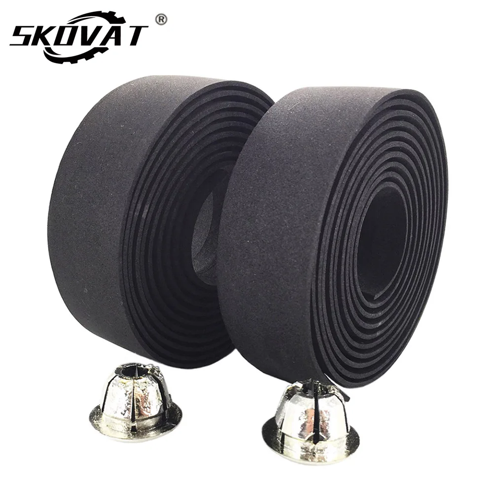 2Pcs Anti-slip Carbon Leather Road Bike Handlebar Tape Grip Wraps with Bar Plug.