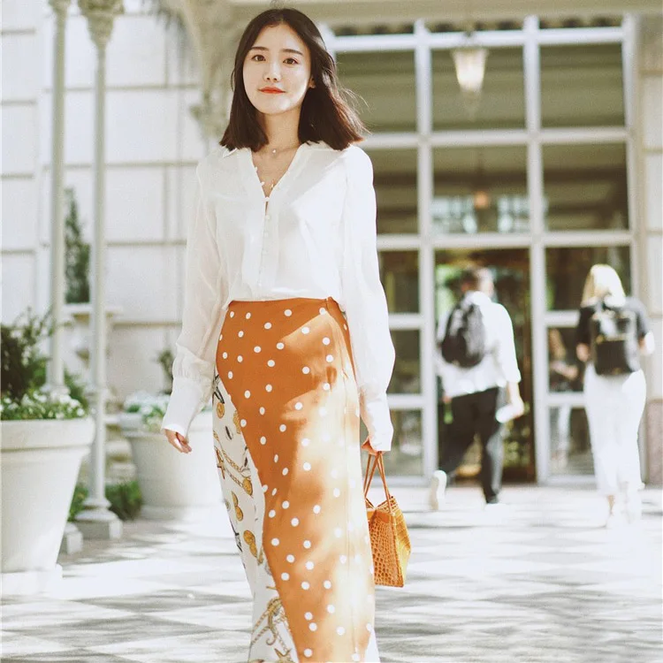 

Vintage Style Dots & Chain Print Midi Skirt - 2019ss Women Fashion Casual Skirt