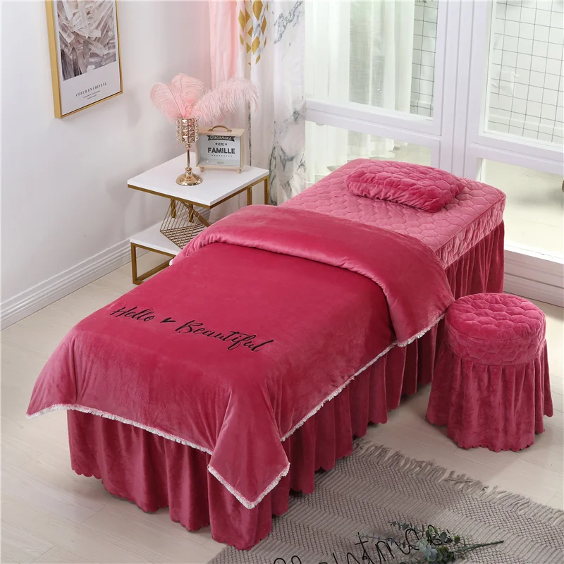 Beauty Salon Bedding Sets Coral Fleece Crystal Velvet Embroidery Bed Skirt Duvet Cover Pillowcase Bedspread High Quality Set#s - Цвет: -LY-04-hongdous