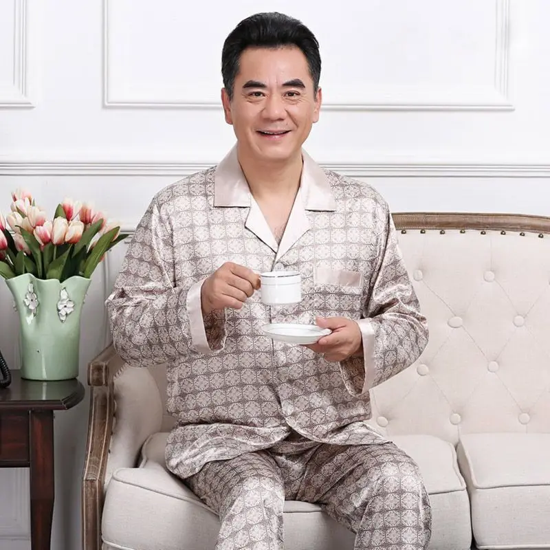 

Men Rayon Silk Pajamas Set Summer Man Sexy Pyjamas Print Long Pants Shirt 2 Piece/Set Stitch Lingerie Home Father Sleepwear