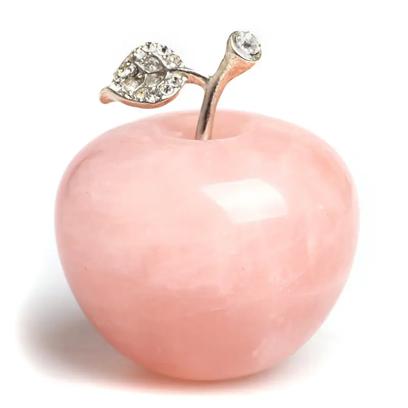 

Cut Natural Rose Quartz Crystal Apple Figurine with Alloy Leaf Paperweight Craft Ornament for Decorative and Festival Gift
