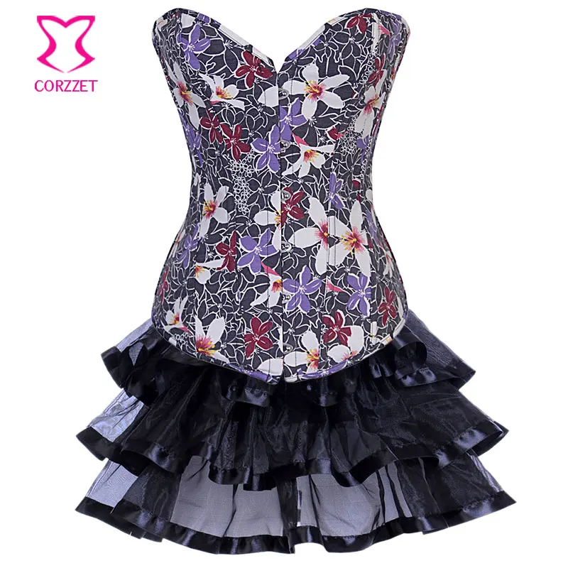 Black Denim Floral Pattern Overbust Gothic Corset Sexy Skirt Set Burlesque Outfits Korsett For