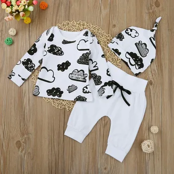 

3 pcs Newborn Infant Baby Girl Boy Cloud Print T Shirt Tops+Pants Outfits Clothes Set Print Hat and pants Cloud sets 827