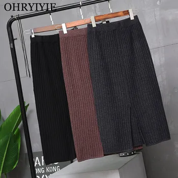 

OHRYIYIE Autumn Winter High Waist Casual Knitted Skirt Women 2020 New Solid Color A-line Skirts Female Elastic Knee-Length Skirt