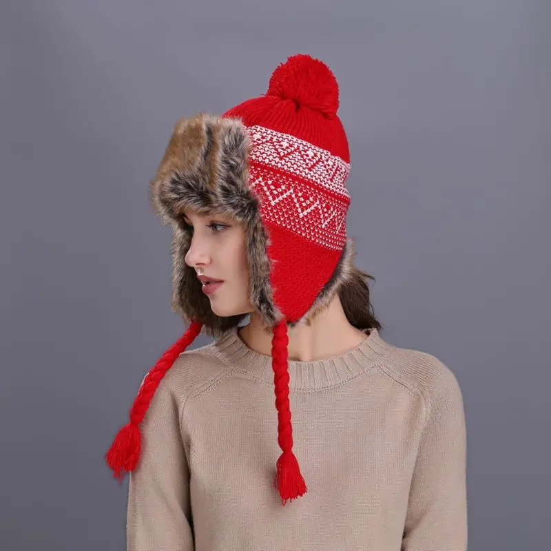 11 Styles Women Winter Thicken Lining Earflap Hat Knitted Contrast Color Snow Ski Beanie Cap Pompom Ball Long Tassels Ear Warmer