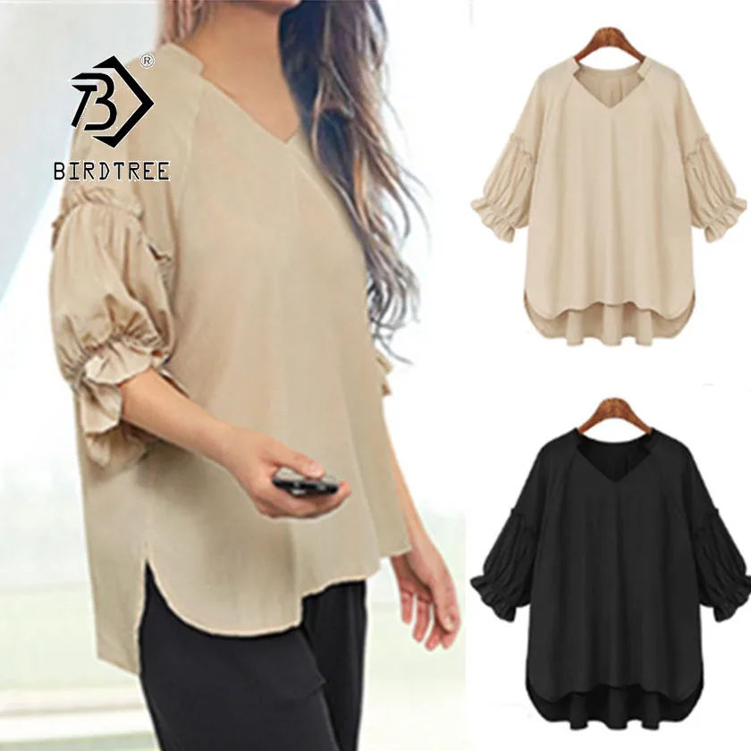 

2019 Summer New Women's Thin Blouse Solid V-neck Loose Lantern Half Sleeve Casual Female Style Plus Size Hot Sale T97104D