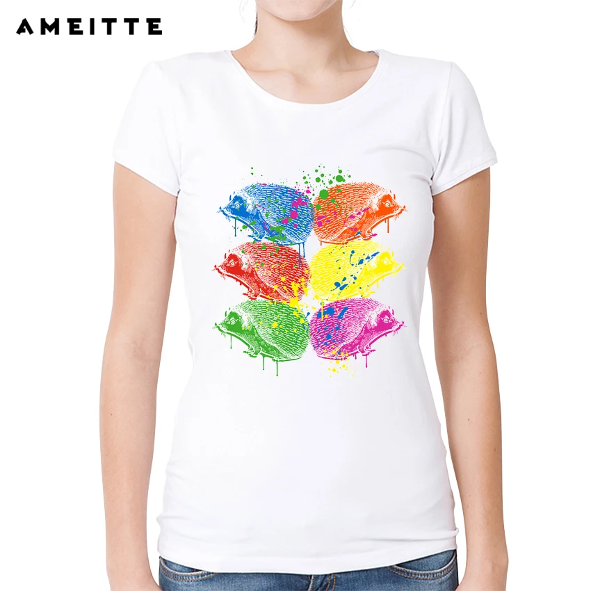 

AMEITTE Cute Colored Hedgehogs Print T Shirt Summer Animal Short Sleeve Tshirts Harajuku Tees For Women White O-Neck Casual Tops