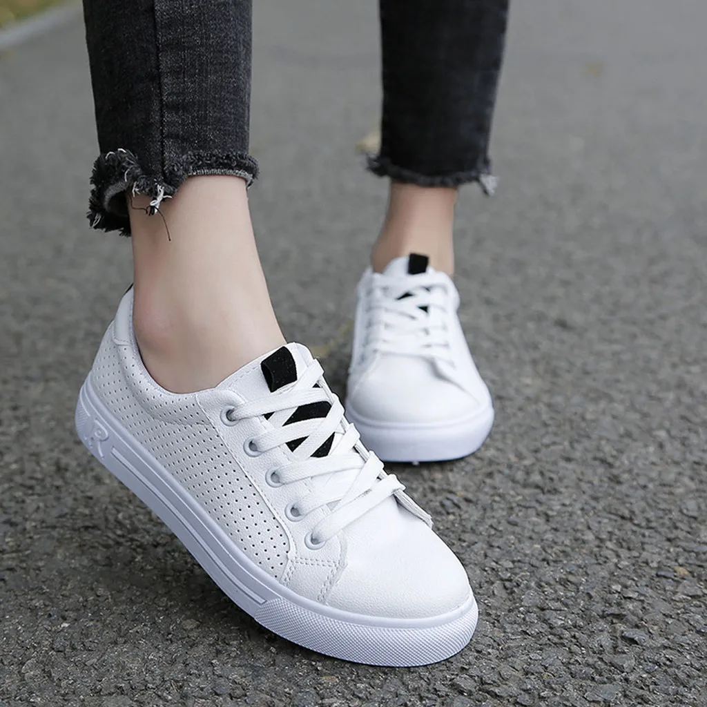 

Fashion Women' Casual Shoes Lace-Up Flat Sport Shoes Cross-Strap Student Sneaker PU Leather solid female sneakers#es