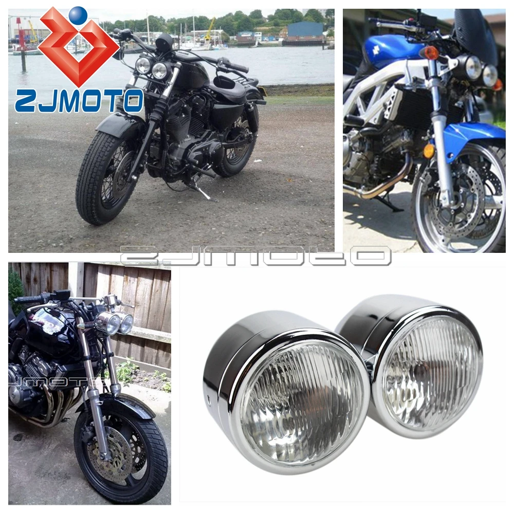 

ZJMOTO High Quality Chrome Motorcycle H4 12V Dual Twin Headlight For Yamaha Cafe Racer Custom Project Motorbike