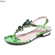 Olomm/женские сандалии на плоской подошве; босоножки на низком квадратном каблуке с открытым носком; блестящие туфли в богемном стиле со стразами; Цвет зеленый; женская обувь; большие размеры США 4-10