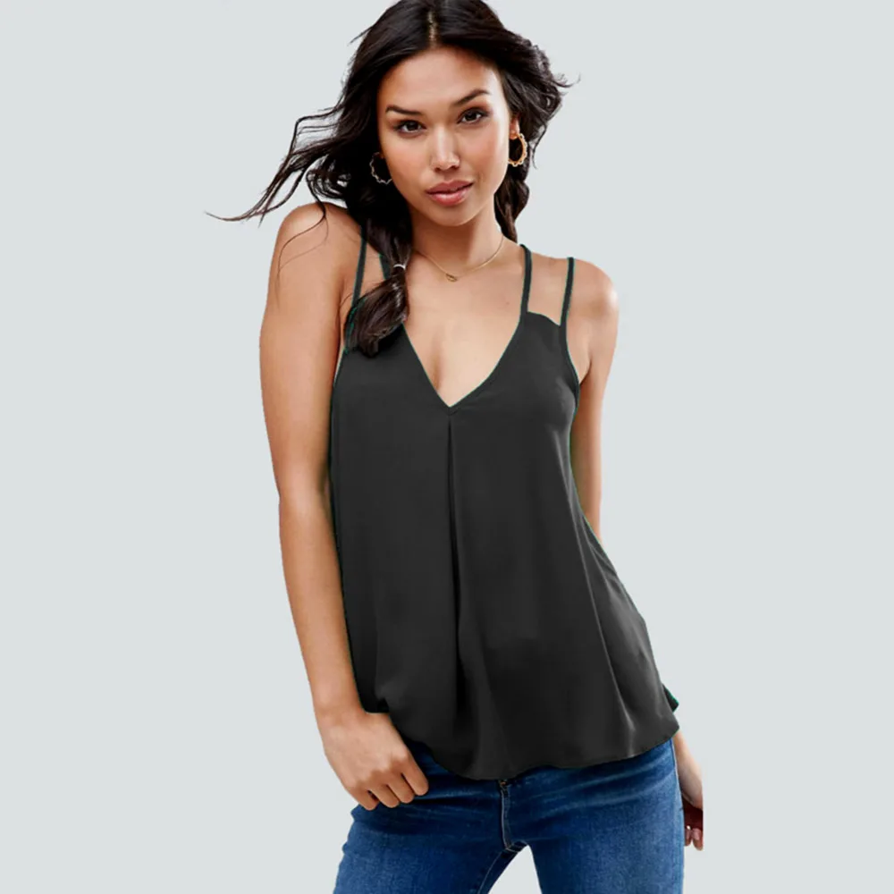 

Summer Women Sexy Soild V-Neck Sleeveless Chiffon T-Shirt Tank Top Solid Loose Camisole 2018 New Summer Female Ladies Shirt Plus