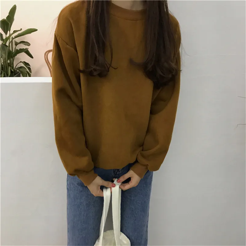 Женские кофты 2018 Harajuku сплошной Толстовка Для женщин толстовка с длинным рукавом Свободные Для женщин толстовки Повседневное спортивный