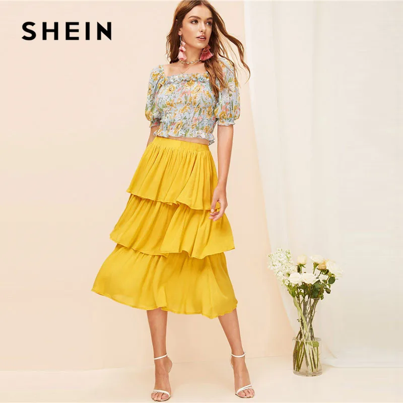 SHEIN Однотонная Многослойная Юбка С Оборками, Летняя Яркая Юбка, Юбка-Миди С Эластичной Талией