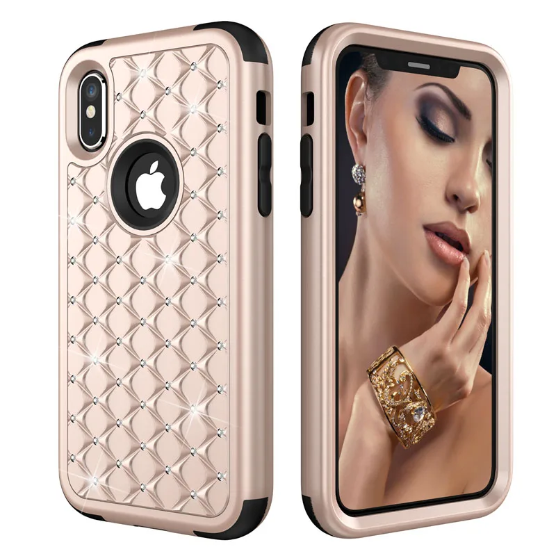 Bling Diamond Shockproof  Armor Case For iphone 11 12 13 Pro XS Max 8 7 Plus Cover 3 in 1 Silicon & PC Full Protection Back Case case for iphone 13 mini