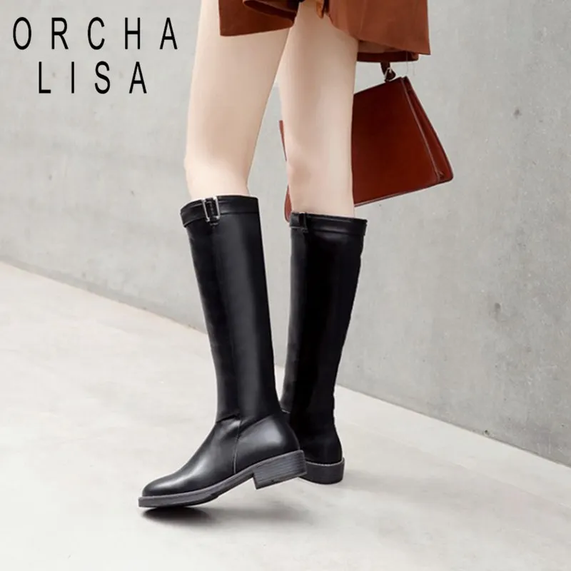

ORCHA LISA Woman knee high boots Black Motorcycle boots low heels thick heel winter autumn shoes botas mujer slim lady shoes