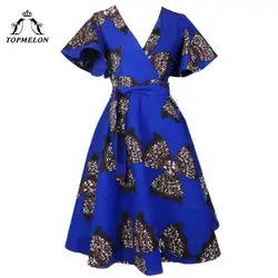 TOPMELON элегантная женская одежда синий короткий рукав платье для Для женщин Африка Костюмы с v-образным вырезом и принтом приталенные платья