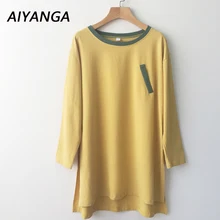 Хлопок средней длины футболки женские весна лето повседневные топы три четверти рукав пэчворк Сплит Модные повседневные футболки леди