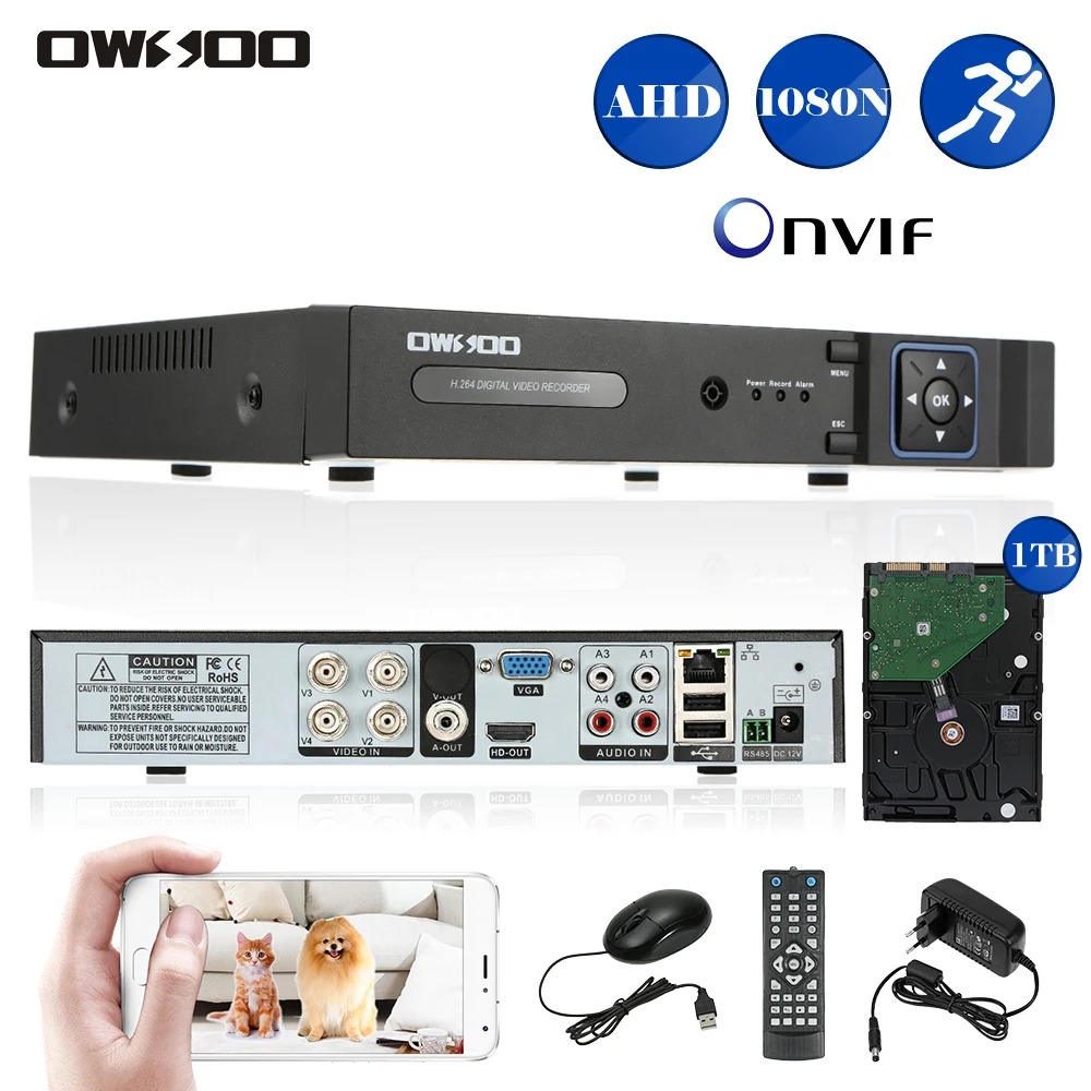 

OWSOO 4CH AHD DVR Recorder Surveillance Video Recorder H.264 P2P 4 Channel Digital Video Recorder For CCTV Camera Kit + 1TB HDD