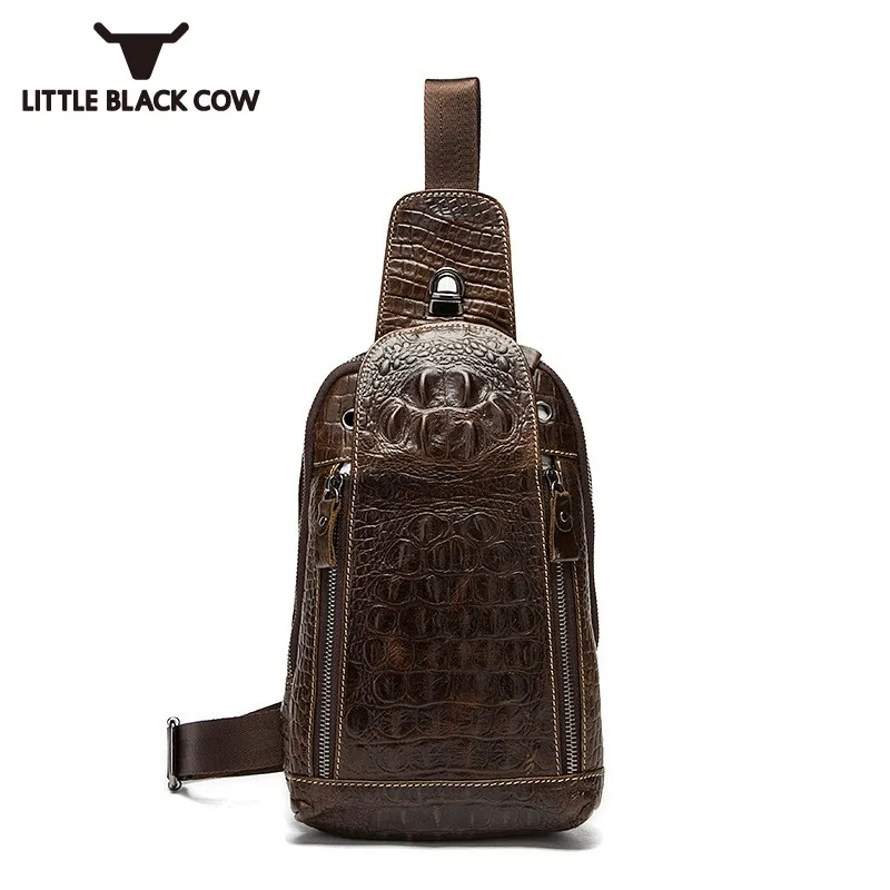 

Crocodile Pattern Male Leather Chest Pack Bag Business Casual Belt Crossbody Bags Motorcycle Biker Waterproof Small Sling Bags