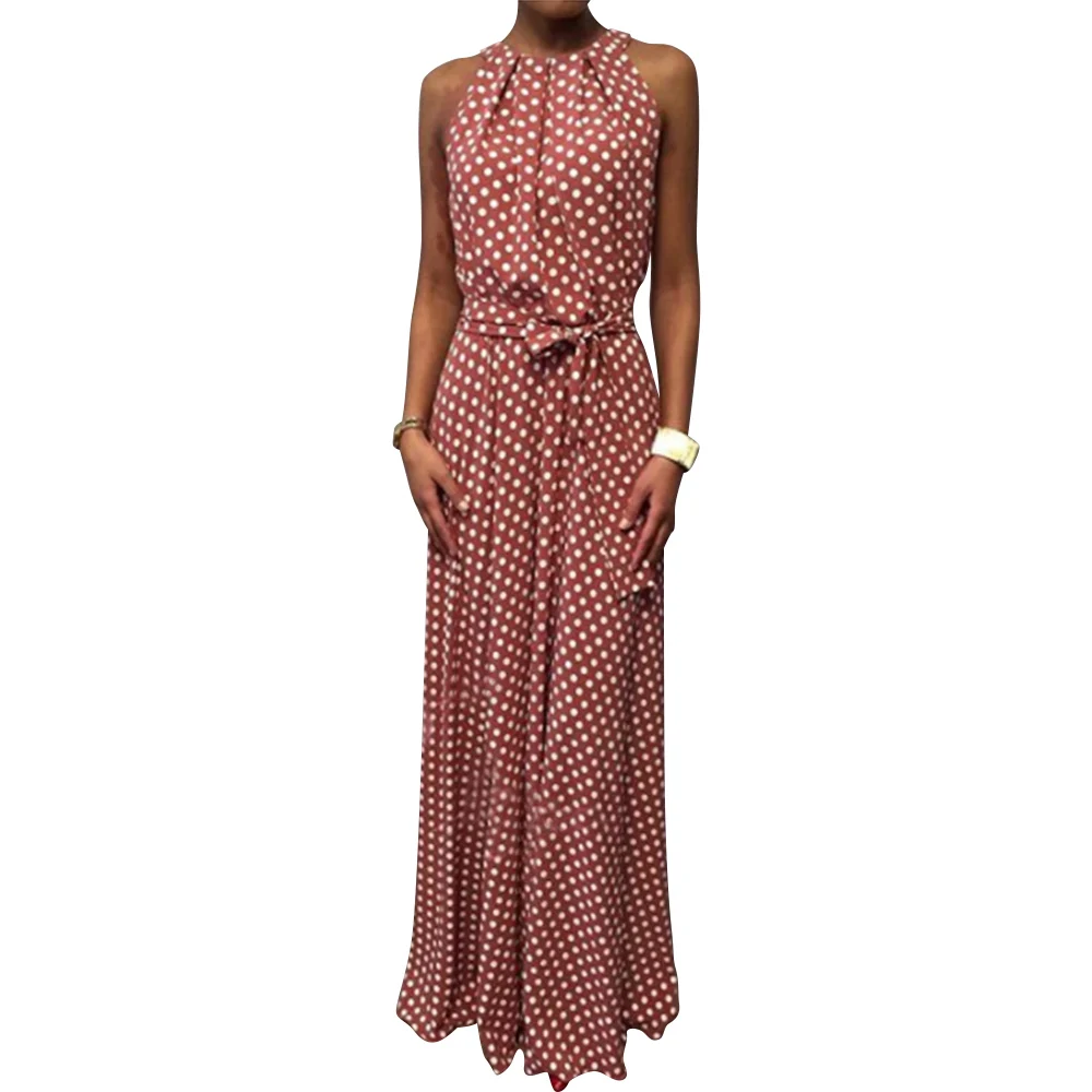 

Maxi Dress Sleeveless Belted Polka Dot Halter Long Dress Women Summer Fashion Women Wedding Party Dress Elegant vestidos H30
