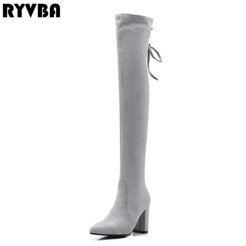 

RYVBA women suede over the knee boots thigh high boots 2019 woman pointed toe boots square high heels ladies autumn winter shoes