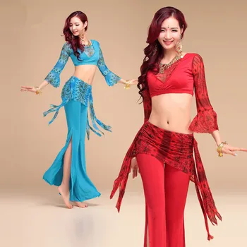 

New style Peacock pattern belly dance set women indian dance clothes bellydance costume 3pcs Long sleeve&Pants&Hip towel