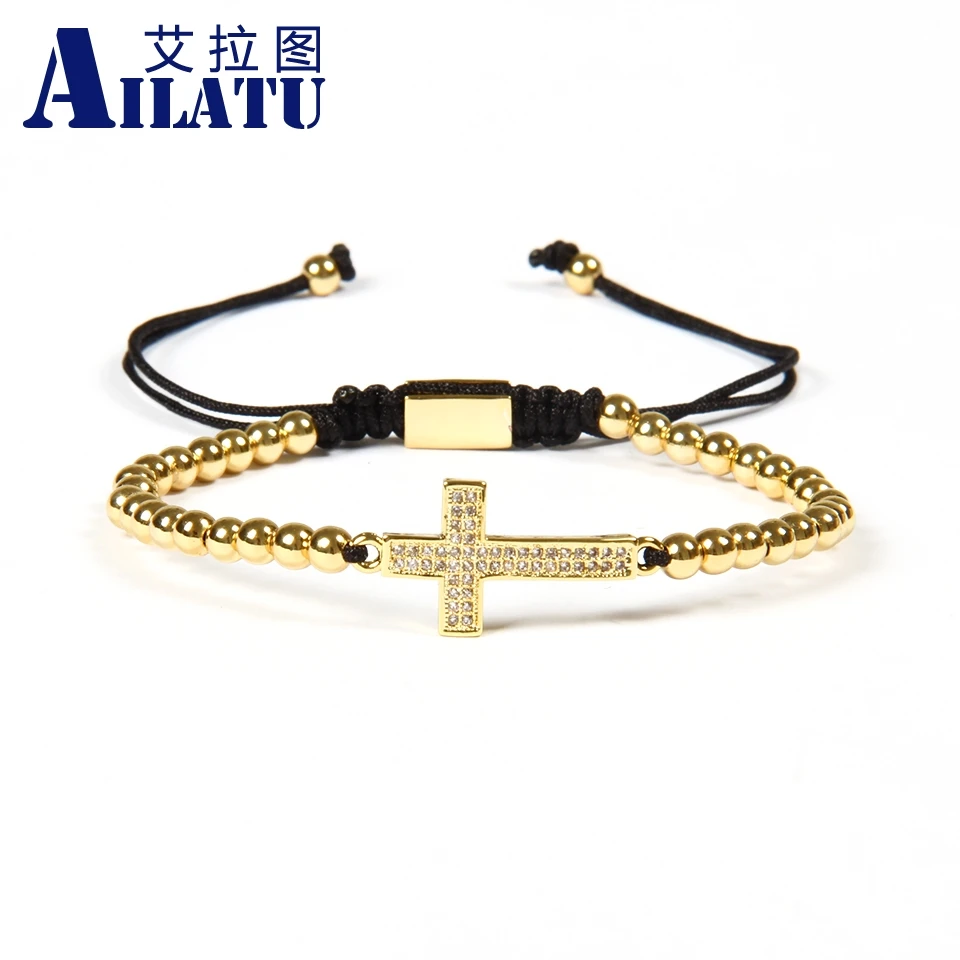 

Ailatu Brand Wholesale 10pcs/lot Micro Paved Clear Double Cz Cross Jesus Braided Bracelet with 4mm Stainless Steel Beads
