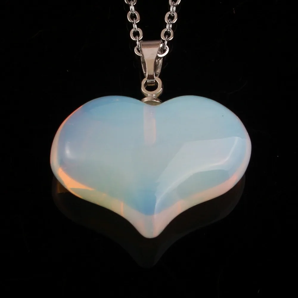 Natural Gnergy Gemstone~ Silver Plated Natural Rock Cryatal Rose Pink Quartz Opalite Opal Black Agates Love Heart Stone Pendant Women Men Jewelry 14 AA00201023713a