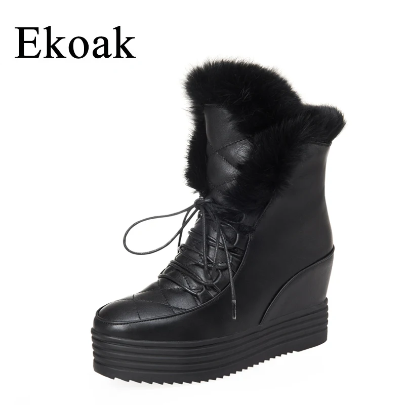 

Ekoak New 2017 Fashion Women Snow Boots Winter Ankle Boots Lace-Up Wedges Heels Warm Martin Boots Platform Shoes Woman