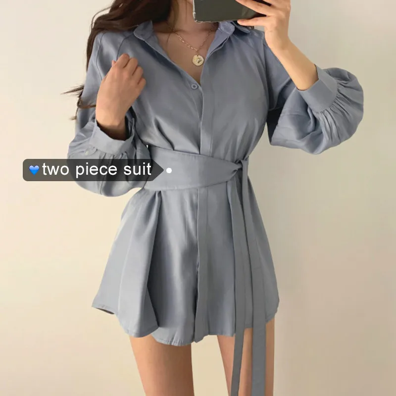 

Neploe Korean Women Elegant Sets Turn Down Collar Waistband Long Sleeve Shirt + High Waist Casual Shorts 2019 Fashion Sets 52976