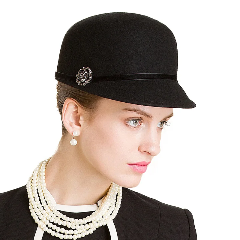 Black Wool Hat FS британский стиль черные шерсть конные шляпы женские зимние шерстяные фетровые флоппи Fedora Стразы котелок с широкими полями Клош шляпа - Цвет: Black Wool Hat