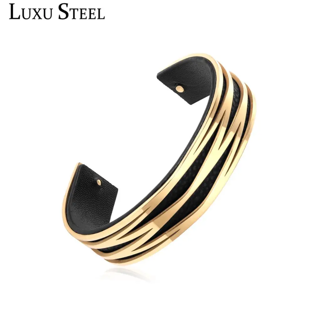 

LUXUSTEEL Female Accessories Hollow Out Cuff Bangles Stainless Steel Leather Bracelet Bangle 2019 Gold Jewelry Women/Girl Gift