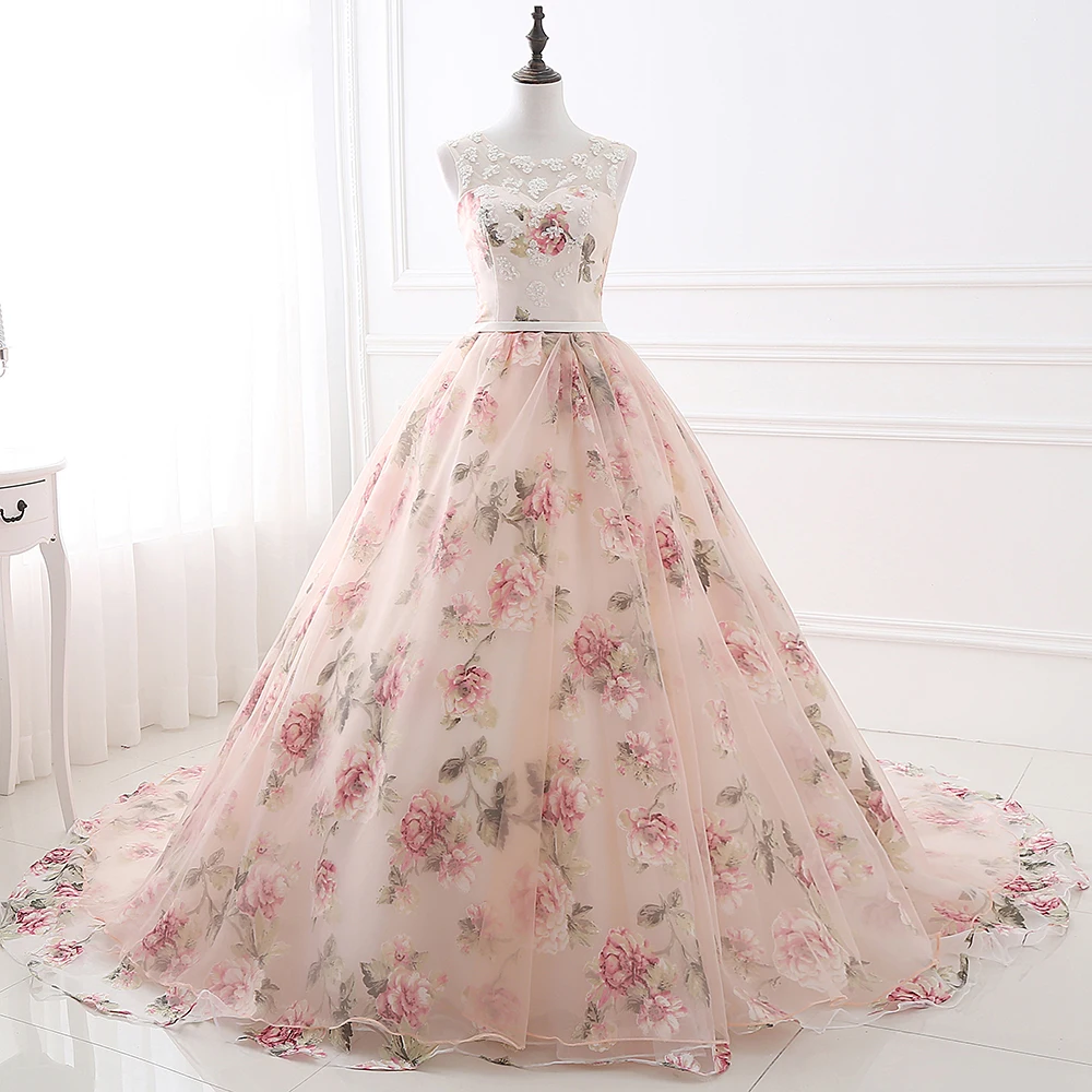 

2019 Pink Prom Dresses Ball Gown Sleeveless Scoop Neckline Party Gown Floral Printed Lace Appliqued Tulle Vestido Prom Gown