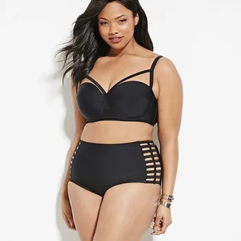 

OULING Black Swimsuit Women Push up Padded Bandeau High Waist Bikini Set Cut Out Swimwear Swimsuit Plus Size Bathing Suit XXXL