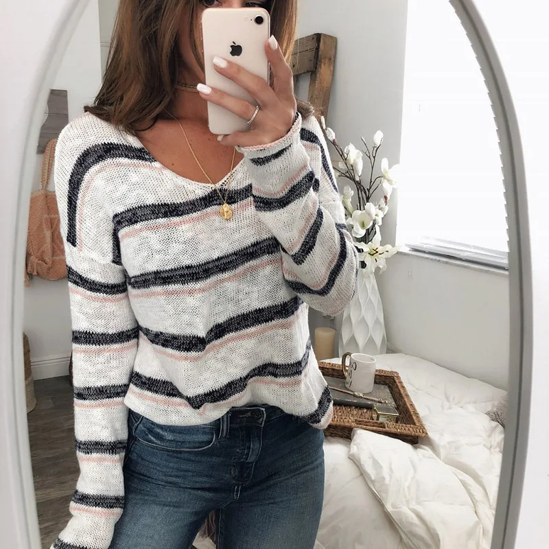 Qunndy Sexy V Neck Striped Knitted Sweater Women Pullover Hollow Out 2018 Winter Cashmere Ladies Sweaters Streetwear Jumper (5)