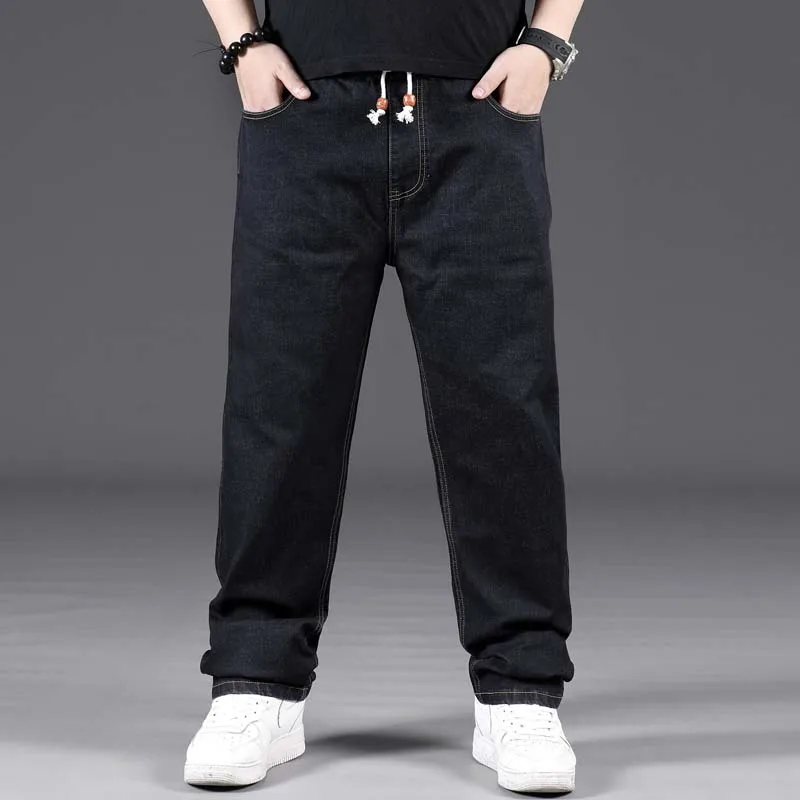 Большие размеры 8XL черные джинсы хип хоп мужские джинсы Хлопок Деним прямые Свободные мешковатые шаровары брюки растягивается Высокая талия одежда - Цвет: Черный