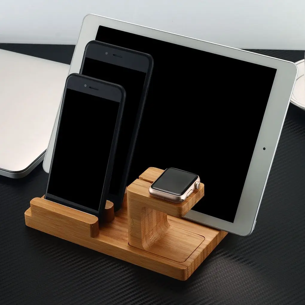 

Bamboo Charging Station Phone Watch Holder Wood Table Organizer Tablets Watch Stand Charger