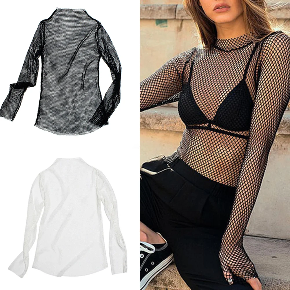 

Summer Women Mesh See Tops Turtle Neck Long Sleeve Fish Net Fabala T-shirt High Neck See-through Hollow Out Transparent Fishnet