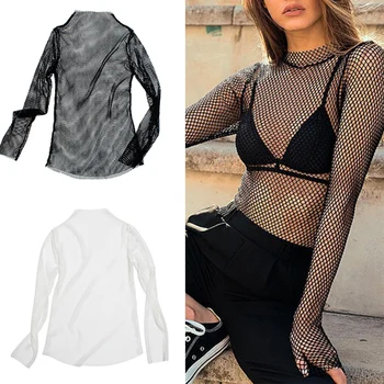 

Summer Women Mesh See Tops Turtle Neck Long Sleeve Fish Net Fabala T-shirt High Neck See-through Hollow Out Transparent Fishnet