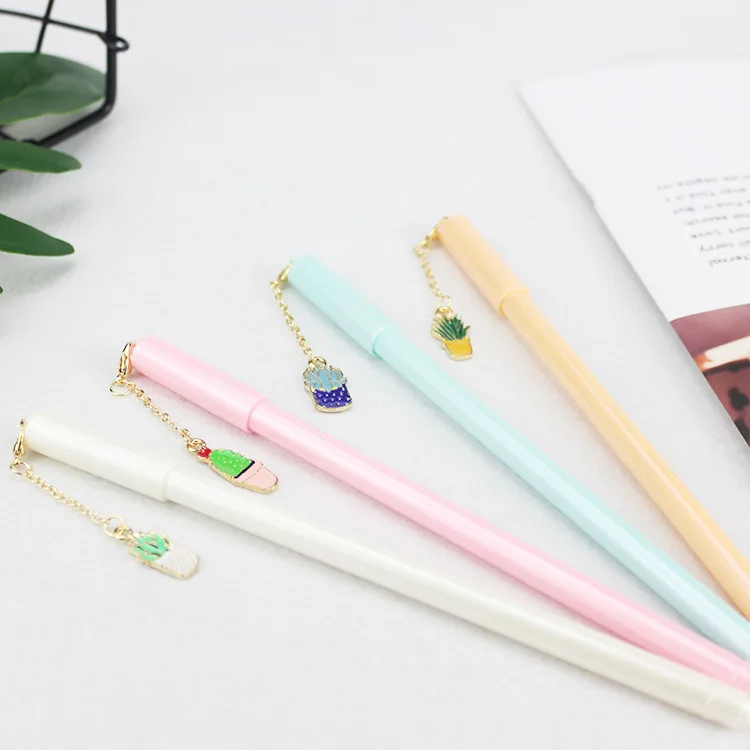 4 pcs/lot Colorful Metal Cactus Pendant Gel Pen Signature Pen Escolar Papelaria School Office Supply Promotional Gift