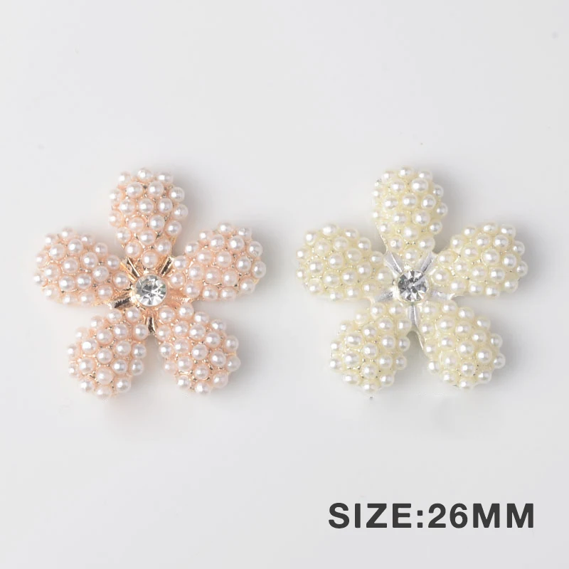 

NEW 5 pcs/lot 26MM Flower Pearl Rhinestone Buttons Metal Snap Flat Back Button for Wedding Hair Accessories Kids Hair Decorative