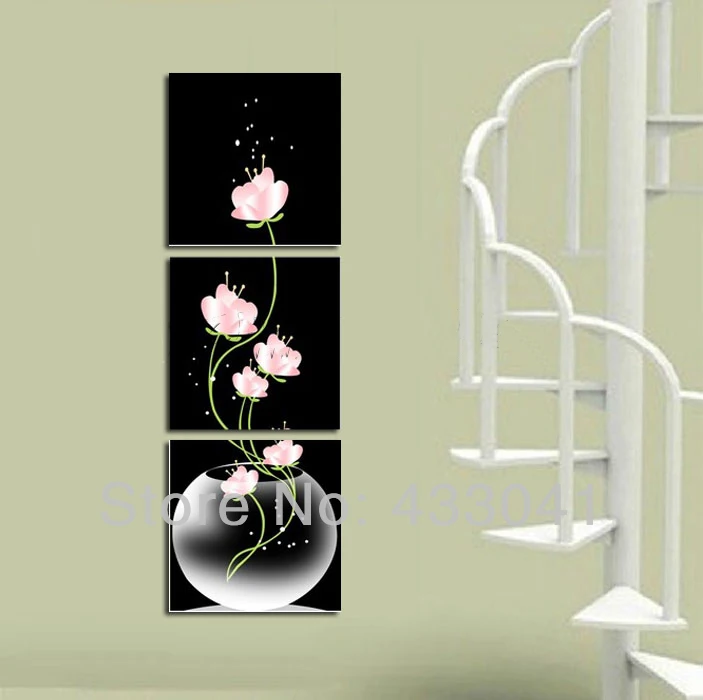 Hand Painted 3 Piece Canvas Art Sets Black Pink White Flowers In Hand Painted 3 Piece Canvas Art Sets Black Pink White Flowers In Vases Decoratives Oil Painting Modern Wall Pictures For Calligraphy From
