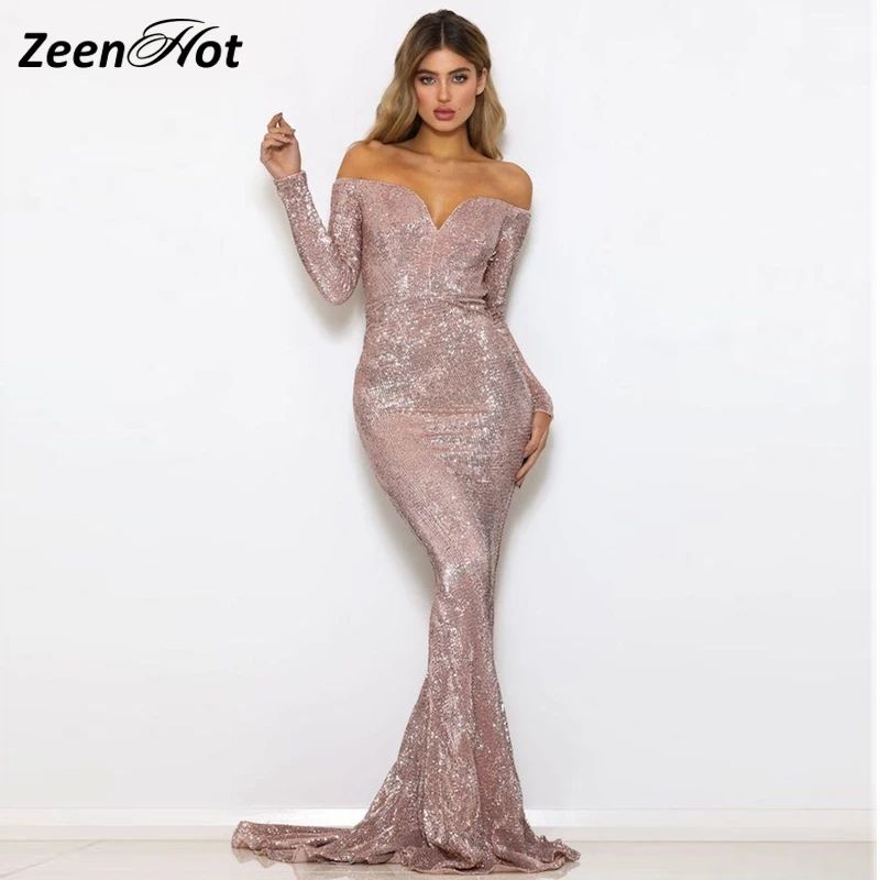 

Gold Deep V Collar Off Shoulder Elegant Dress Sexy Backless Long Sleeve Elastic Mesh Sequin Material Long Club Dress